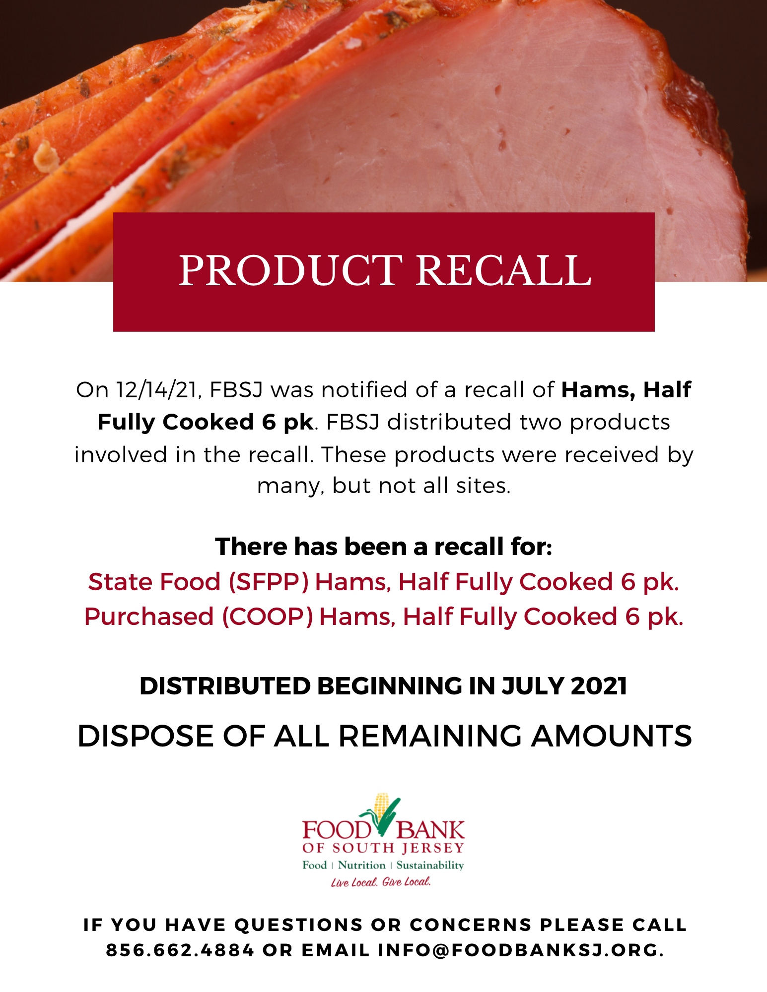 PRODUCT RECALL HAM, HALF FULLY COOKED 6PK The Food Bank of South Jersey