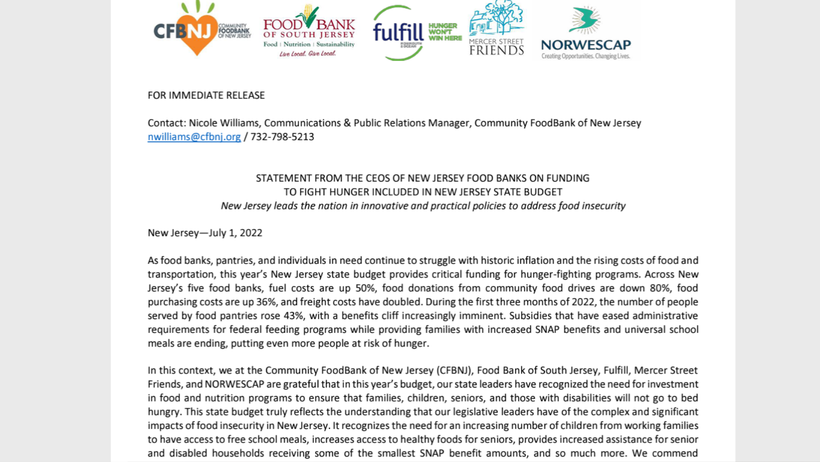 A Statement from the CEOs of NJ Food Banks on Funding to Fight Hunger in  2022 State Budget - The Food Bank of South Jersey